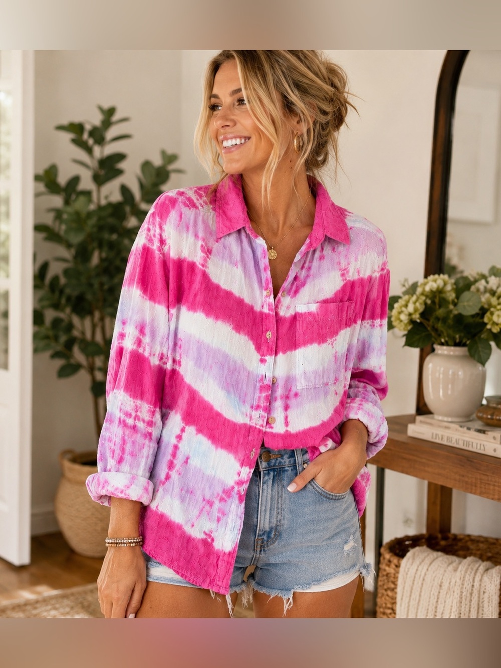 Pilcro Anthropologie Pink Tie Dye Embroidered Button Down Shirt SP